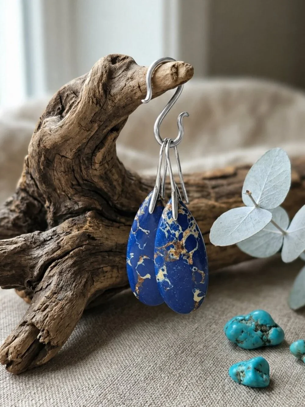 Silver Plated Blue Imperial Jasper Gold Matrix Boho Witchy Drop Earrings 2in